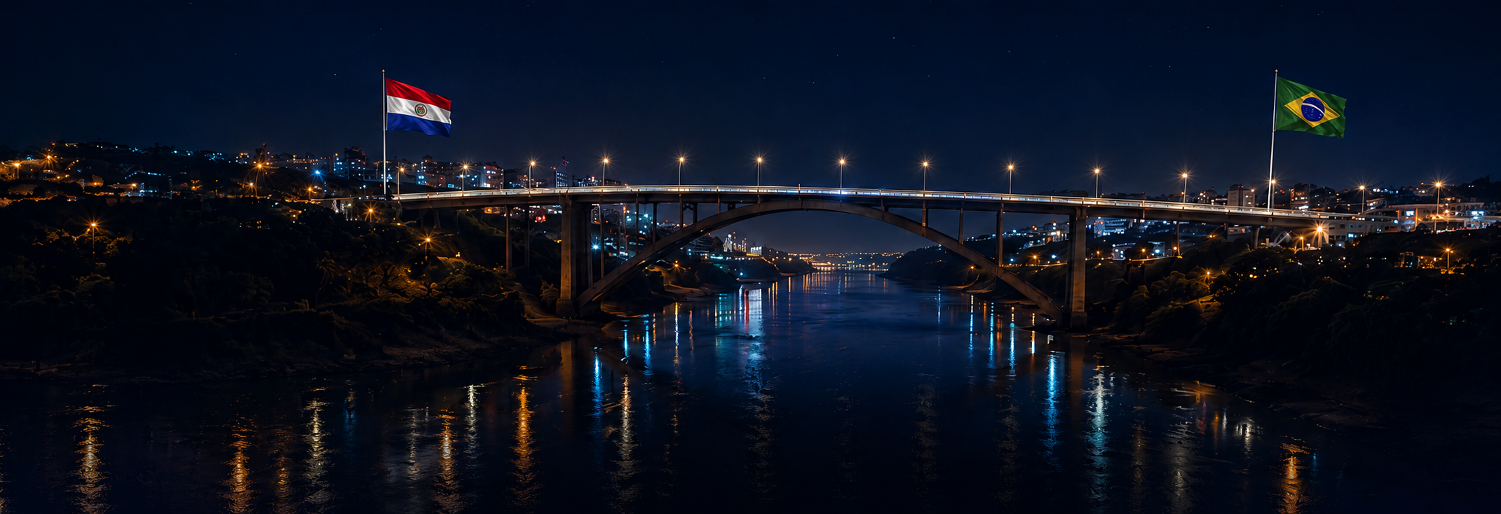 Ponte da Amizade iluminada à noite, com a bandeira do Paraguai à esquerda e a bandeira do Brasil à direita sobre uma cidade futurista